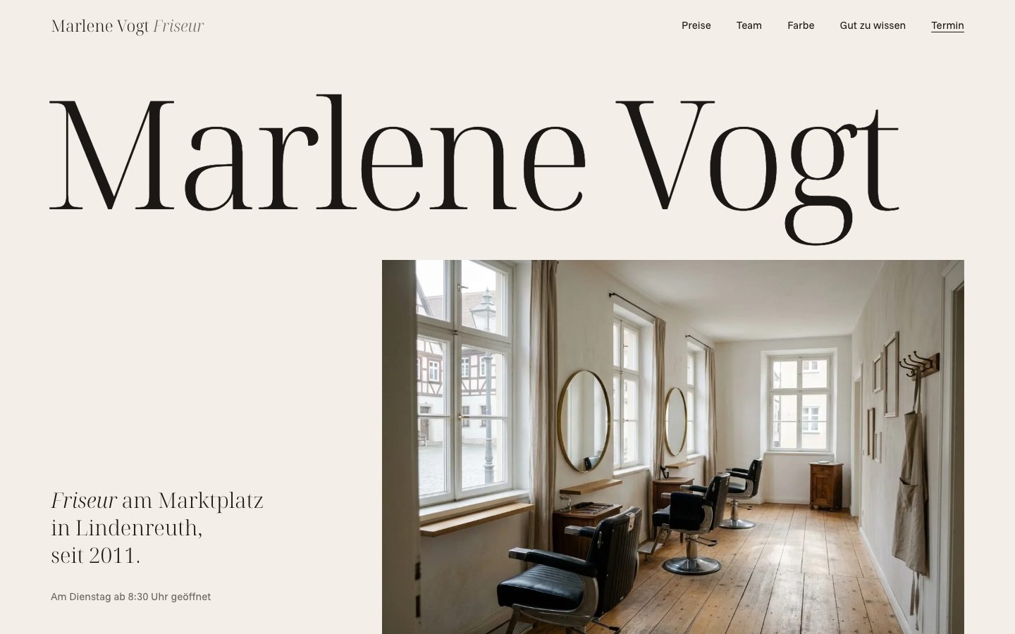 Website des fiktiven Friseursalons Marlene Vogt – Startseite
