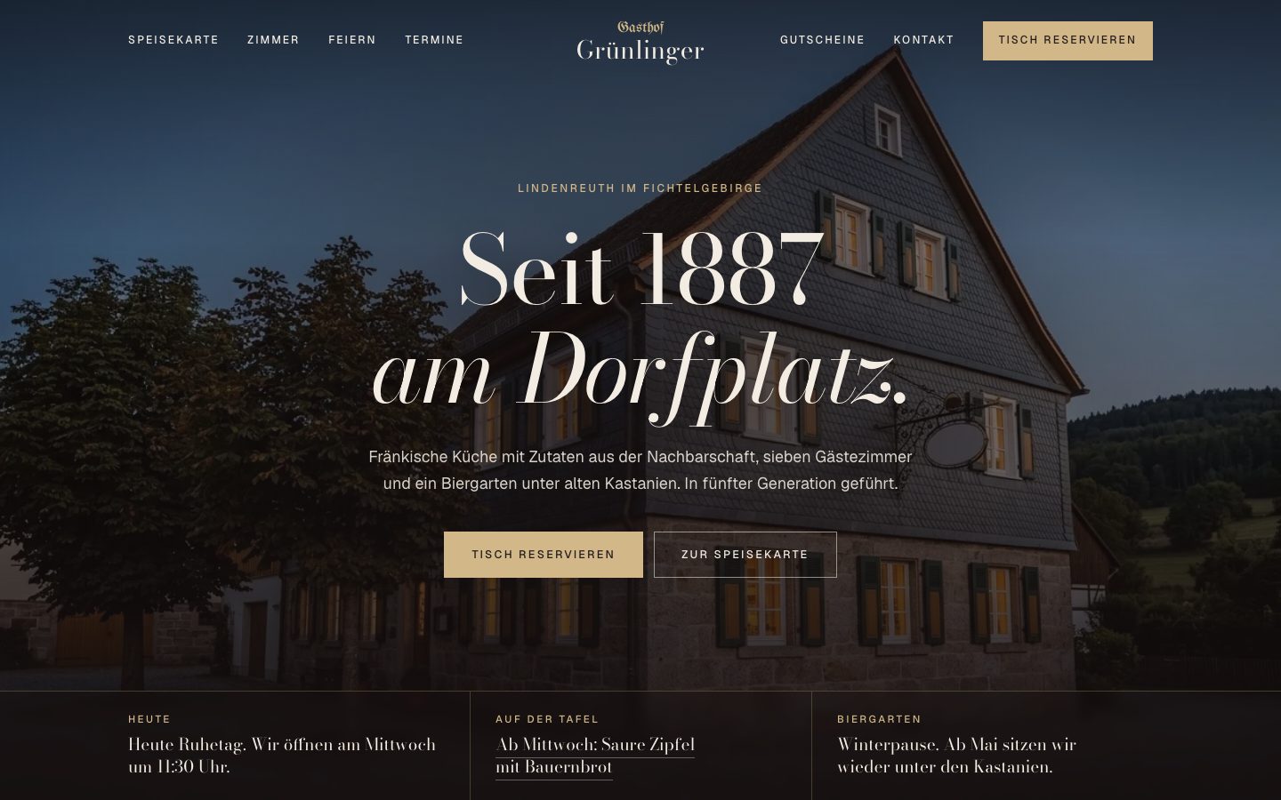 Website des fiktiven Gasthofs Grünlinger – Startseite