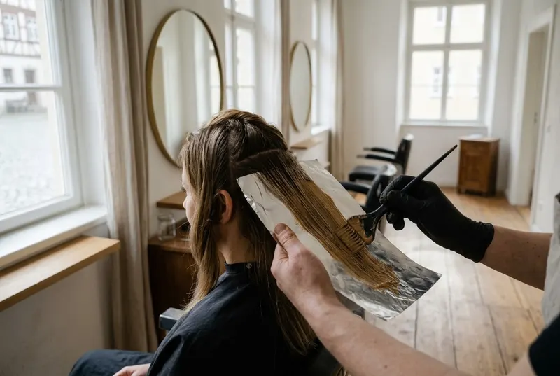 Mit schwarzem Handschuh und Pinsel wird Farbe auf eine Strähne in Alufolie aufgetragen, die Kundin sitzt am Fenster