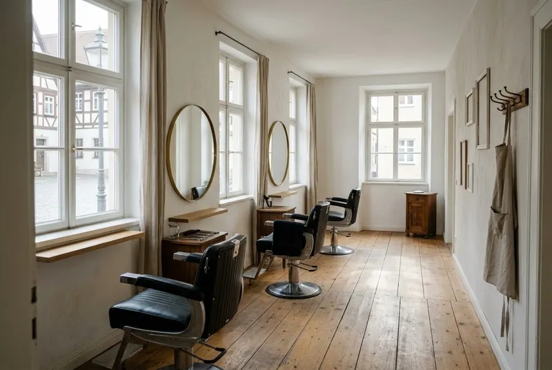 Leerer Salon mit drei schwarzen Friseurstühlen vor runden Spiegeln, hohe Fenster mit Blick auf Fachwerkhäuser am Marktplatz, alte Holzdielen