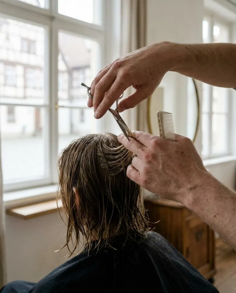 Hände schneiden mit Kamm und Schere eine Strähne nassen Haares, dahinter das Fenster zum Marktplatz