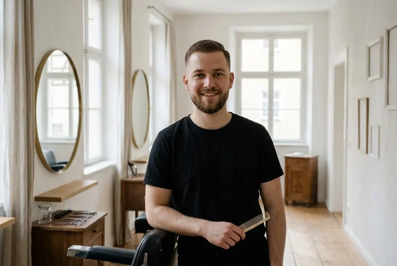 Jonas Pfeiffer, Friseur, mit Kamm in der Hand an einen Friseurstuhl gelehnt