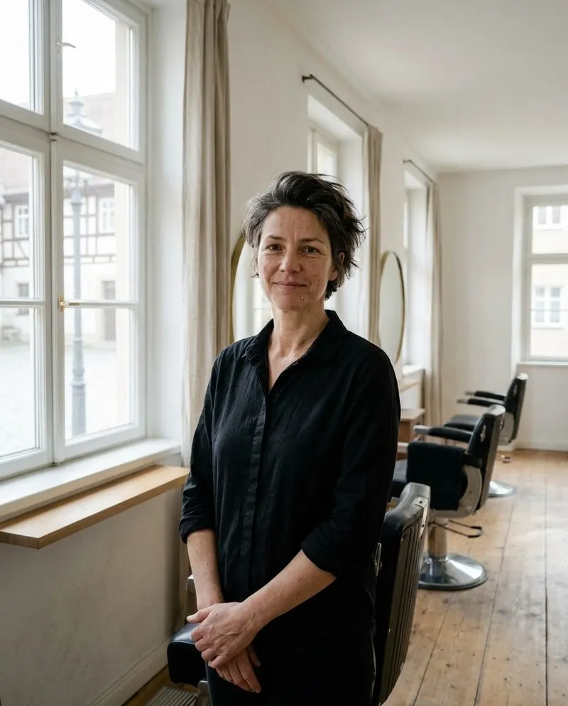 Marlene Vogt, Friseurmeisterin, im schwarzen Hemd am Fenster des Salons