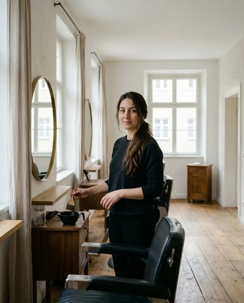 Selin Aydın, Friseurin, mit Färbepinsel und Farbschale an ihrem Arbeitsplatz