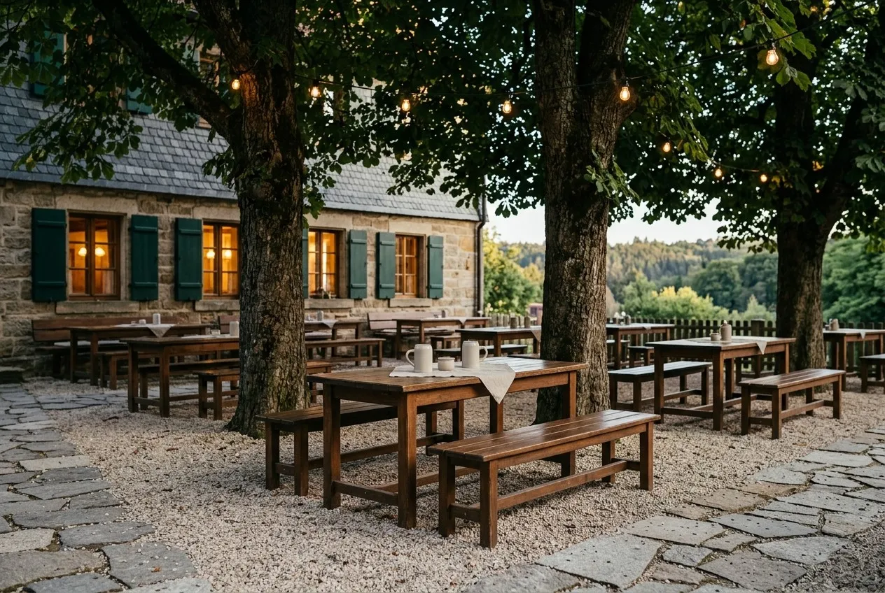 Biergarten unter alten Kastanien am Abend, Holztische und Bänke auf Kies, Lichterketten, dahinter das Haus mit grünen Fensterläden