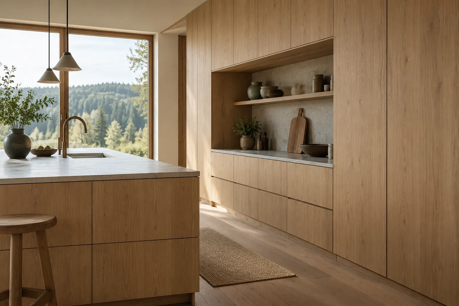 Küche mit grifflosen Eichenfronten und Kochinsel, durch die Fenster Blick auf bewaldete Hügel