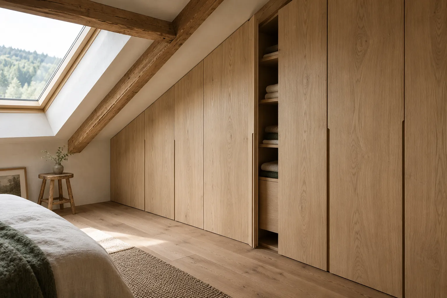 Einbauschränke aus heller Eiche unter der Dachschräge mit Holzbalken und Dachfenster, eine Tür geöffnet