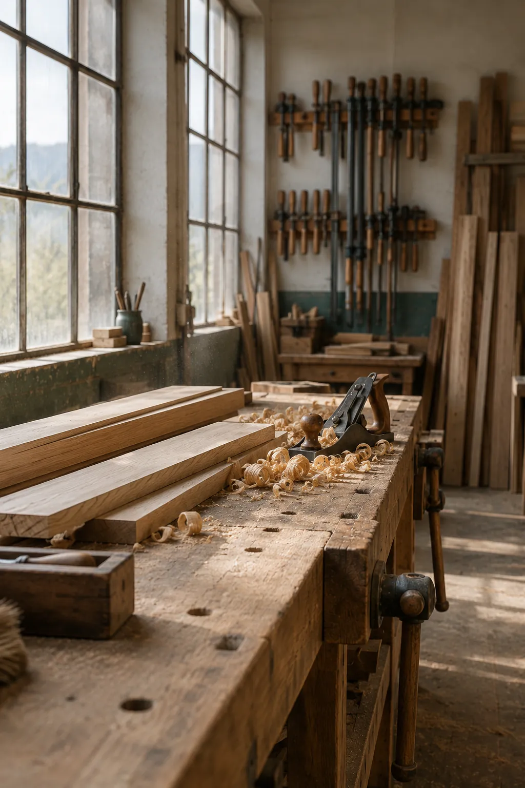 Lichtdurchflutete Werkstatt: Hobelbank mit Eichenbrettern, Handhobel und Hobelspänen, an der Wand Schraubzwingen