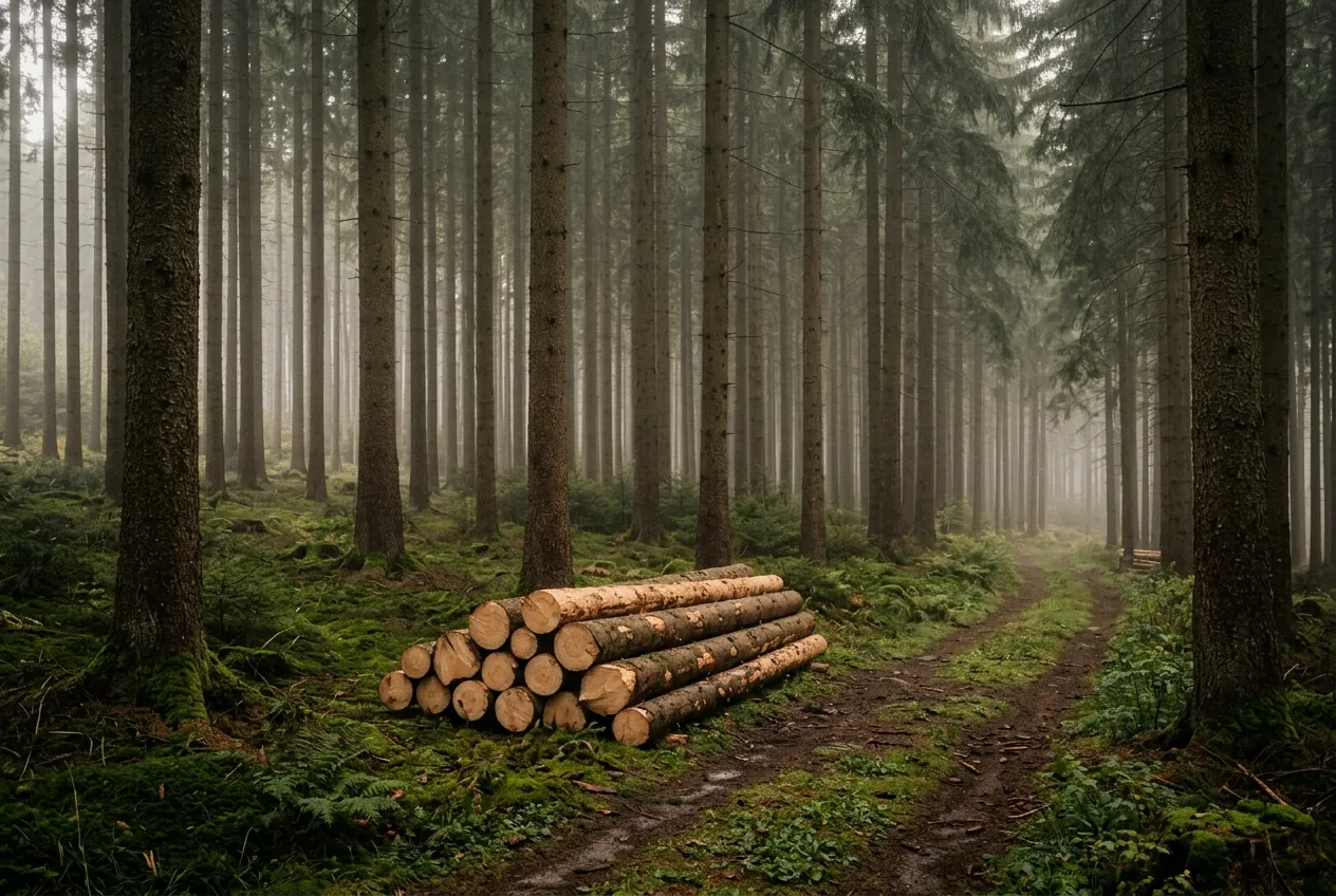 Fichtenwald im Morgennebel mit gestapelten Stämmen an einem Waldweg
